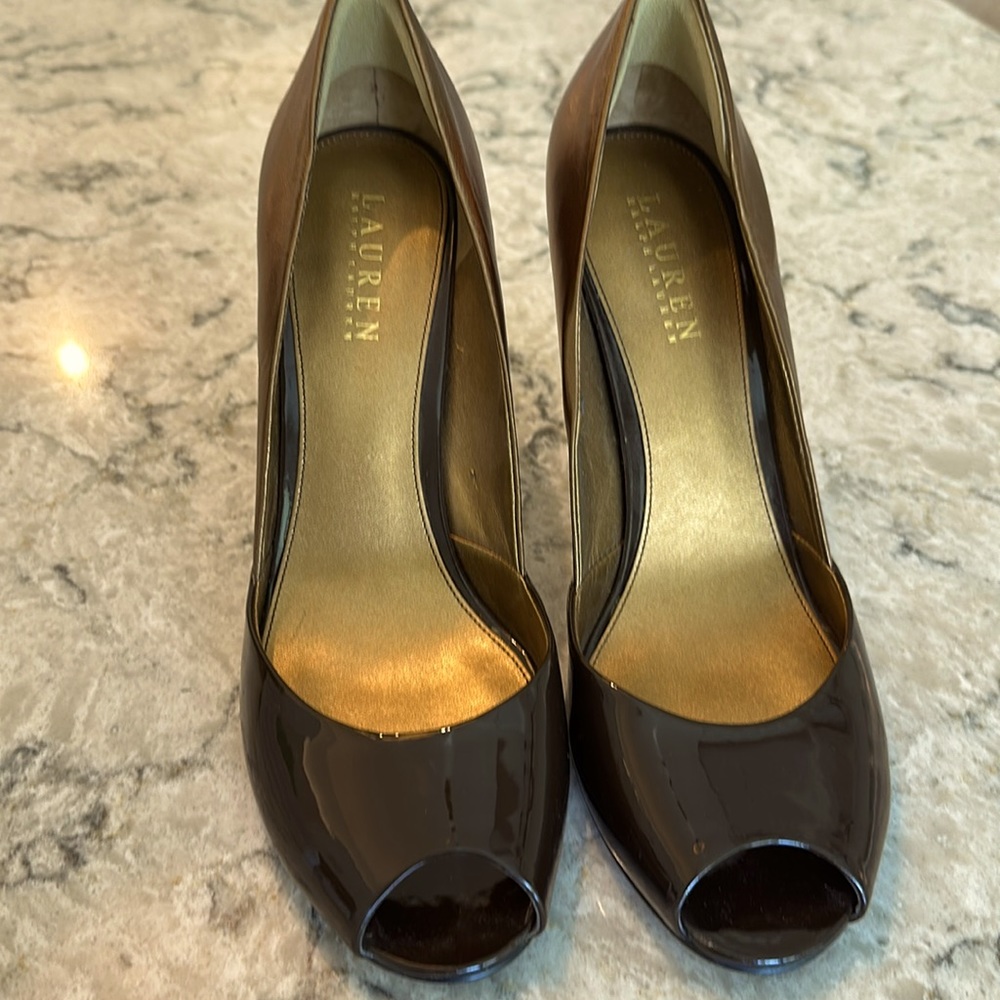 Ralph Lauren open toe heels. Brown and bronze